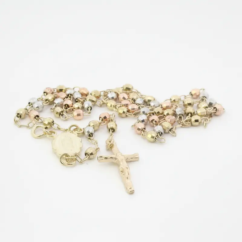 10K Tri-Color Gold Beaded Rosary Necklace – 17 Inch 1