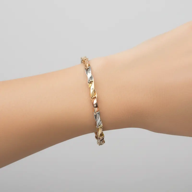 10K Tri-Color Gold Twisted Bracelet – 7.5 Inch Modern Link Style 1