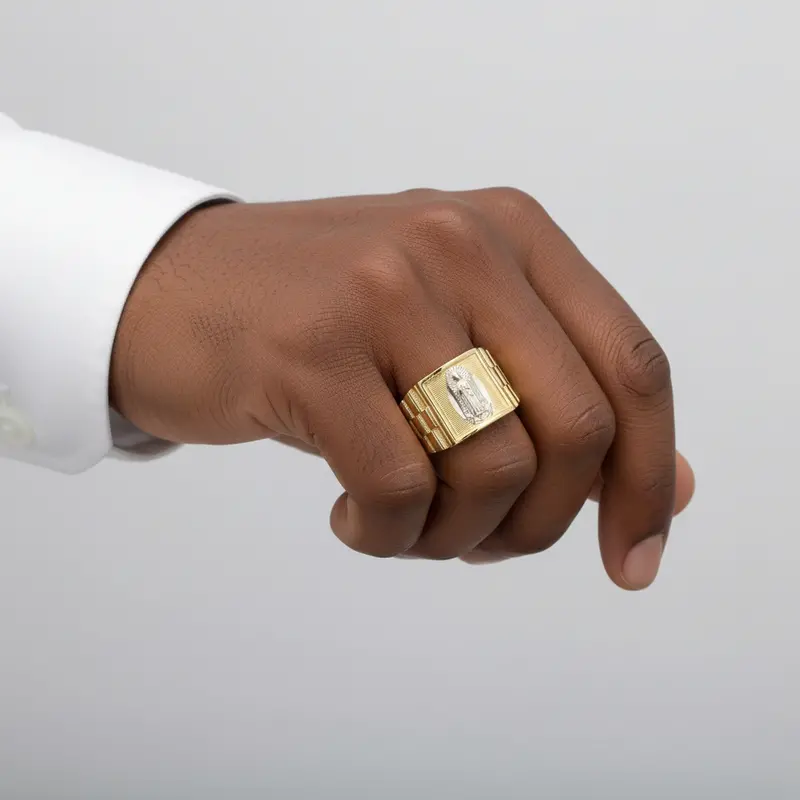 10K Two-Tone Gold Virgin Mary Devotional Ring With Rolex-Inspired Design 1