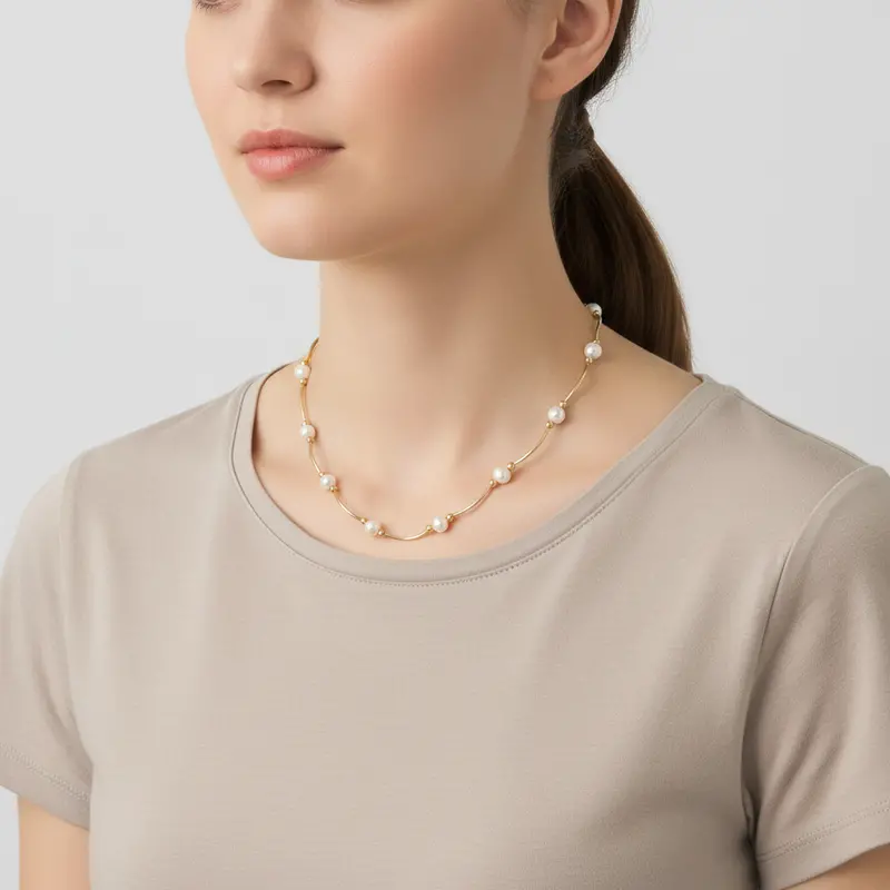10K Yellow Gold 17-Inch Pearls Tube Bar And Bead Necklace 1