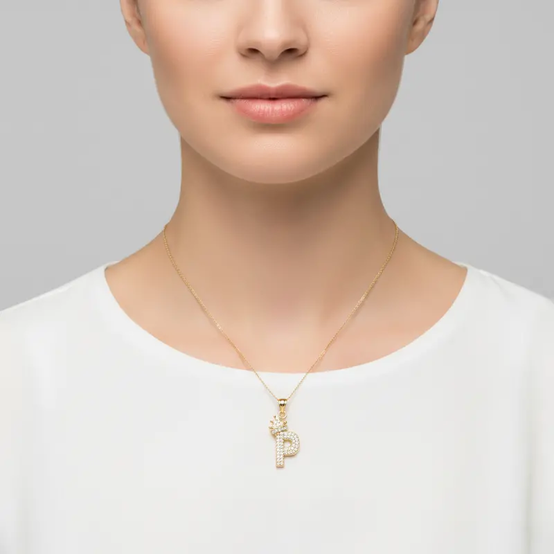 10K Yellow Gold Crowned Letter 'P' Pendant 1