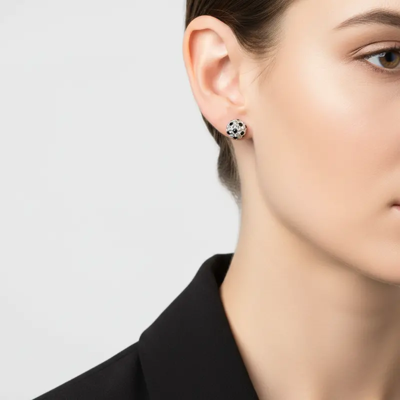 10K Yellow Gold Cz Ball Stud Earrings – Clear And Black Sparkle Design 1