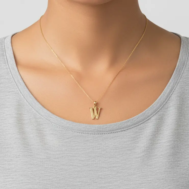 10K Yellow Gold Initial Pendant – Letter W Charm 1