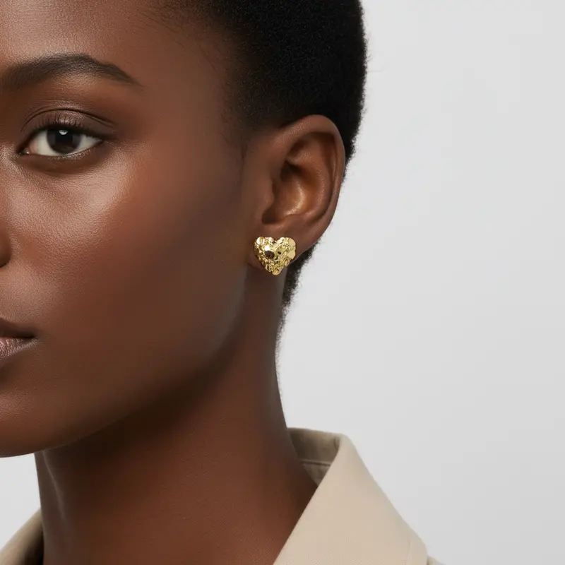 10K Yellow Gold Nugget-Textured Heart Earrings 1