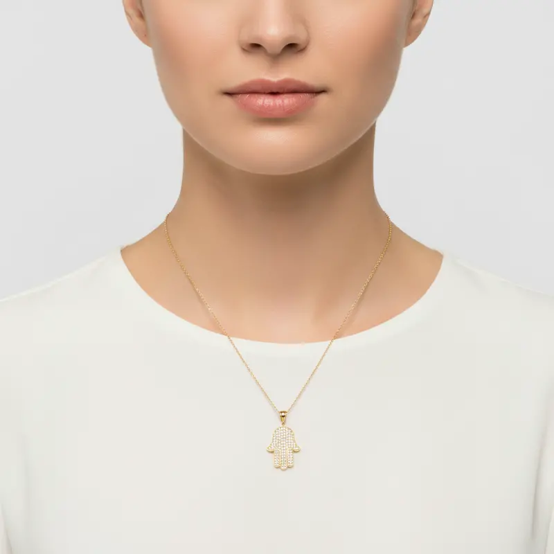 10K Yellow Gold Pave Hamsa Hand Pendant – Protective Symbol Necklace 1
