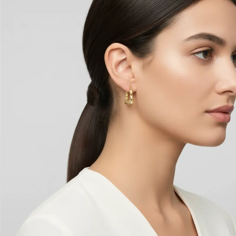 10K Yellow Gold Rectangular Bamboo Hoop Earrings 1