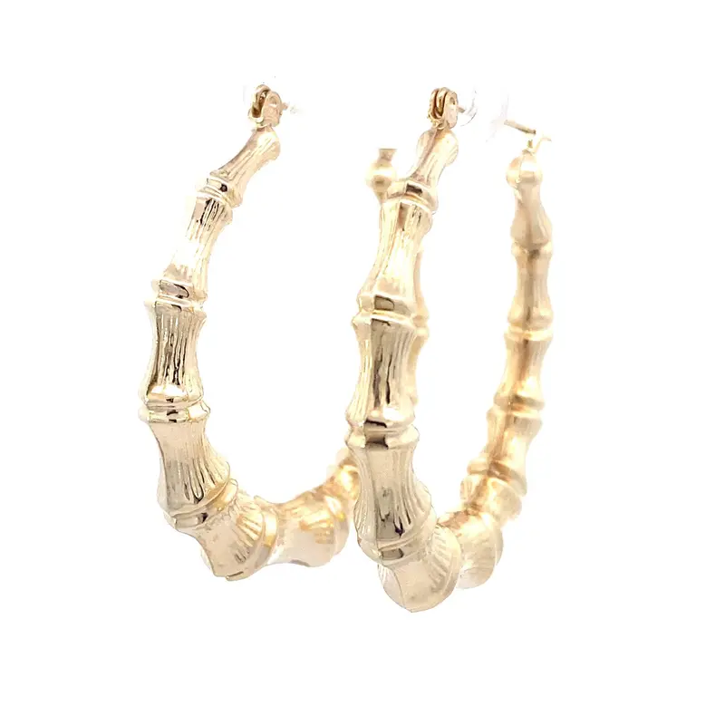 10K Yellow Gold Textured Bamboo-Style Hoop Earrings 1