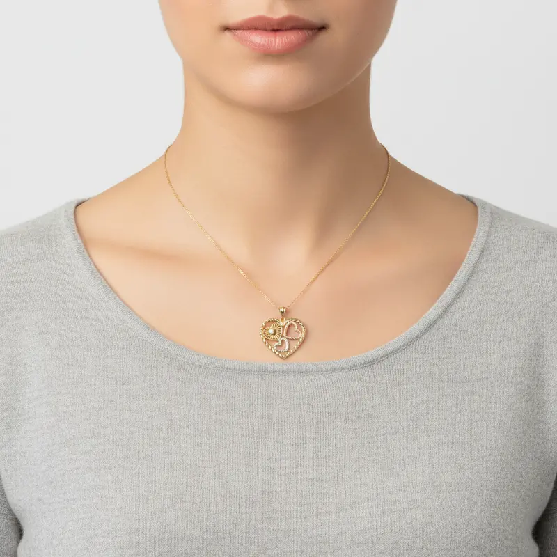 14K Tri-Color Gold Diamond-Cut Hearts-In-Heart Pendant 1