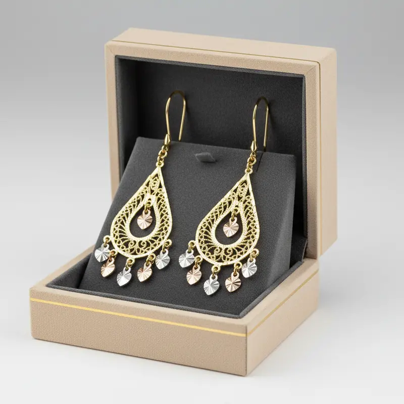 14K Tri-Color Gold Filigree Dangle Earrings 1