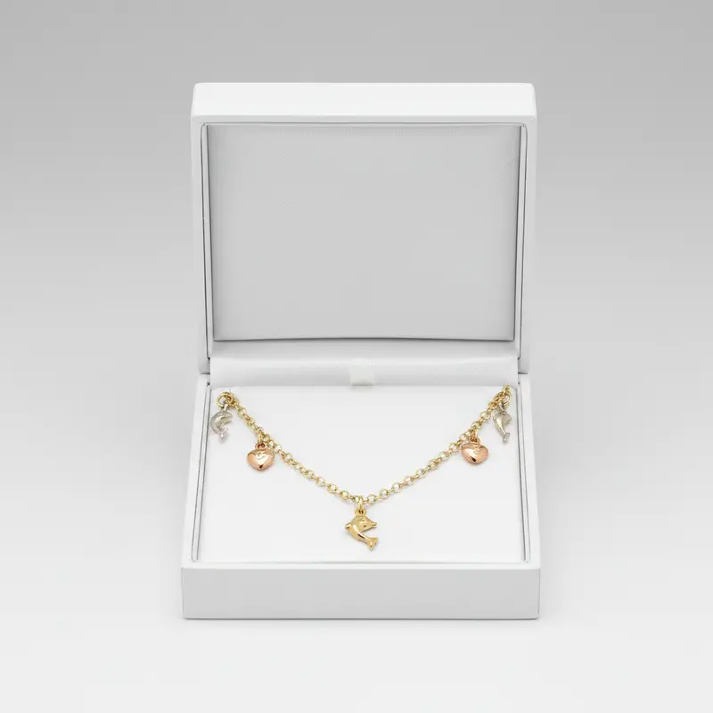 14K Two-Tone Dolphin And Heart Anklet – 10 Inch 1
