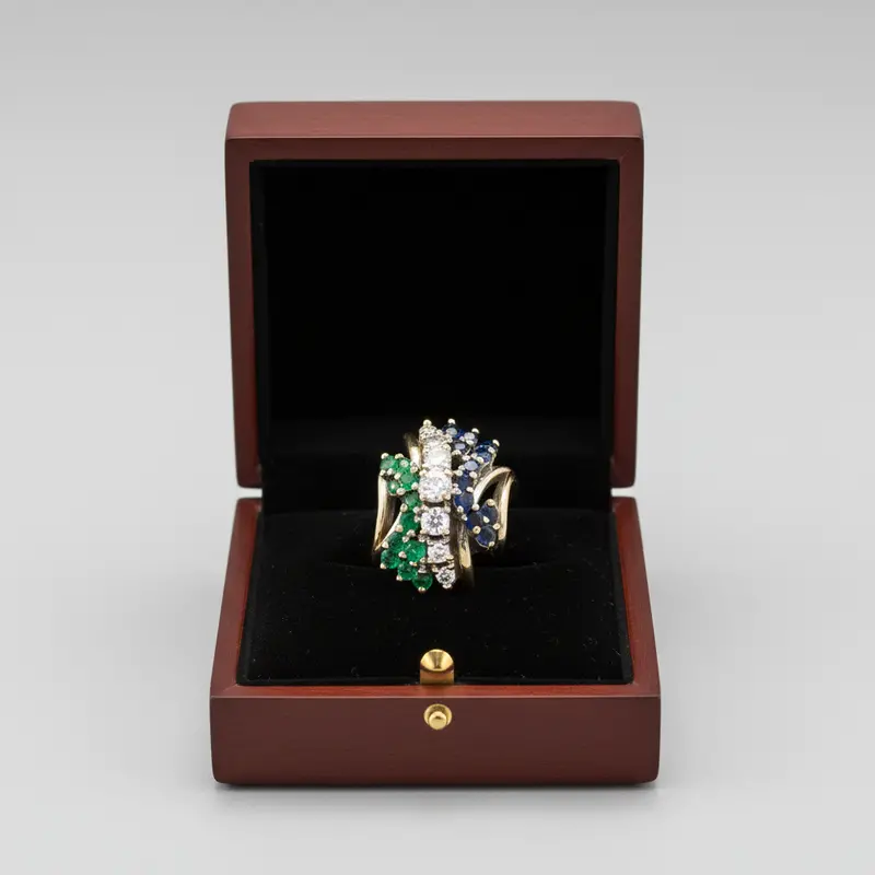14K White Gold Multi-Gem Ring With Diamond, Sapphire & Emerald (0.43 Carat Diamond Weight) 1