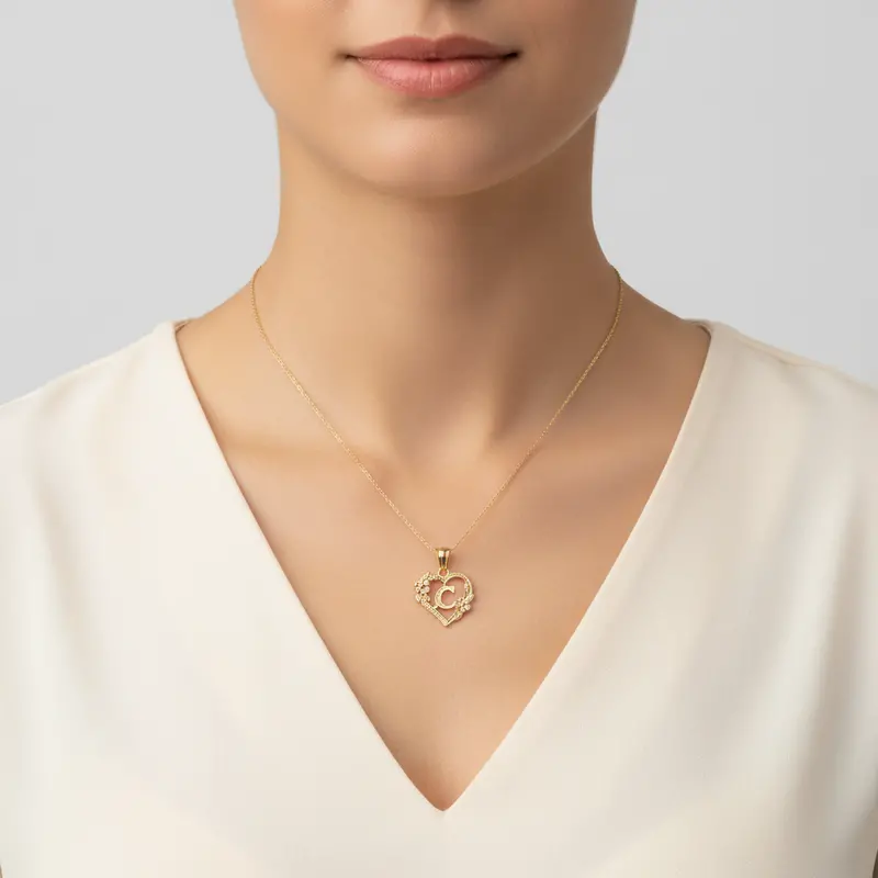 14K Yellow And White Gold 'C' Initial Pendant – Heart And Floral Motif 1