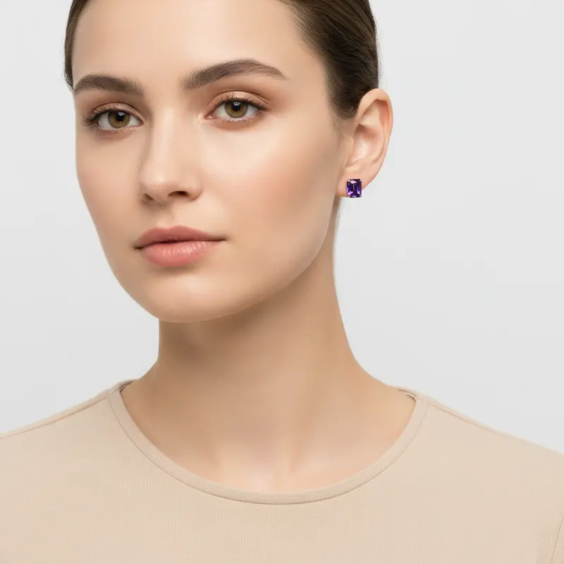 14K Yellow Gold Amethyst Stud Earrings – Genuine Gemstone 1