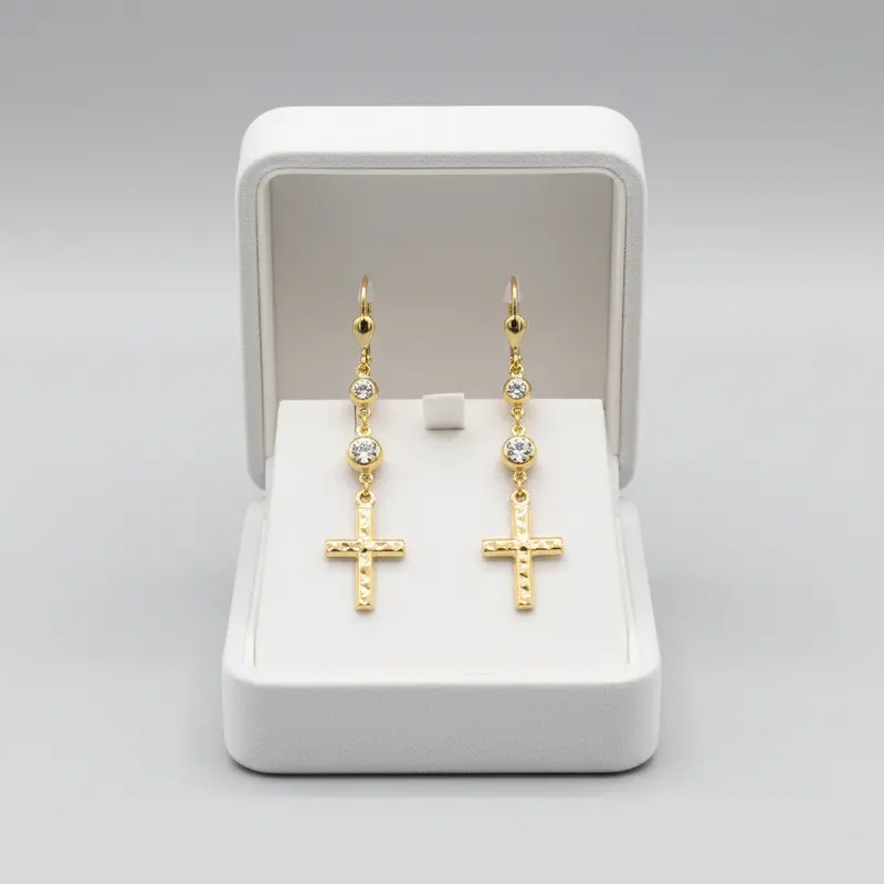 14K Yellow Gold Cz Cross Dangle Earrings With Lever-Back Fasteners 1