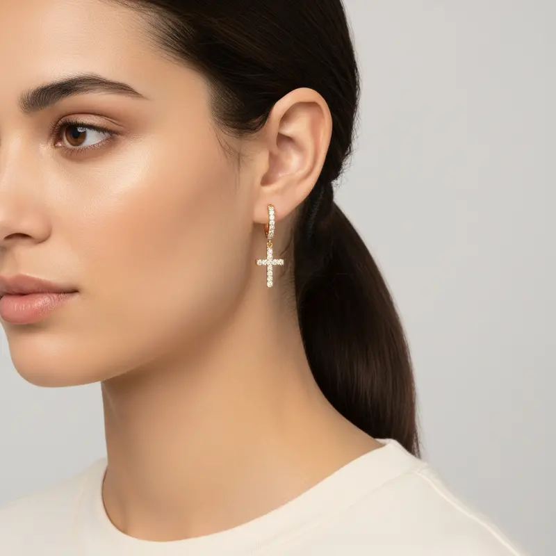 14K Yellow Gold Diamond Hoop Earrings With Cross Dangle – 0.58 Carat Total Weight 1
