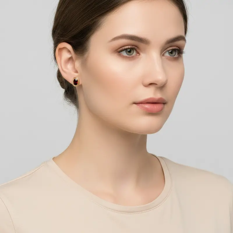 14K Yellow Gold Garnet Stud Earrings – Genuine Gemstone 1