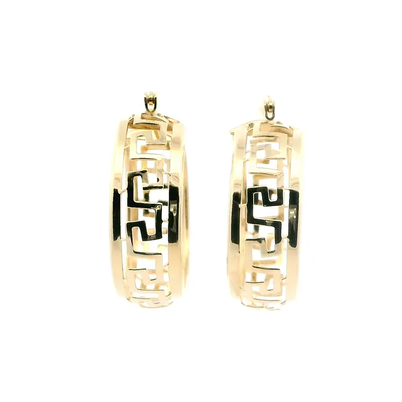 14K Yellow Gold Greek Key Pattern Hoop Earrings 1