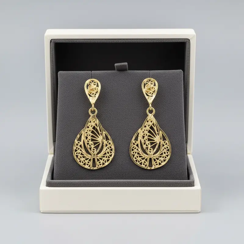 14K Yellow Gold Pear-Shaped Filigree Dangle Earrings 1