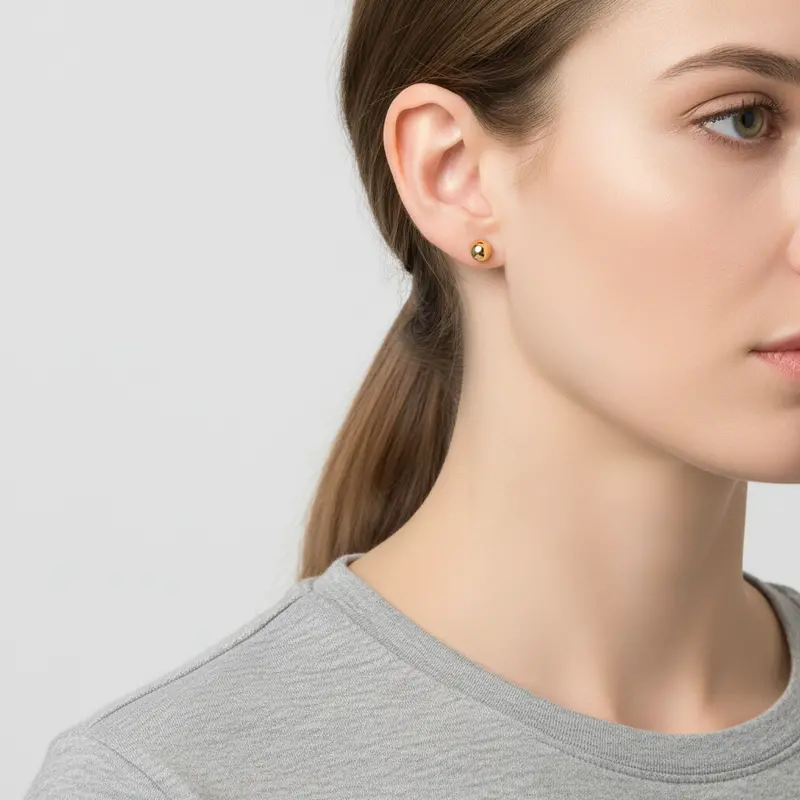 18K Yellow Gold Ball Stud Earrings – Polished Solid Gold Spherical Minimalist Set 1