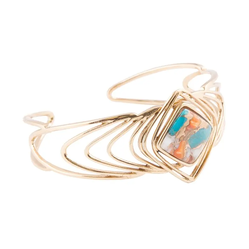 Abstract Arrows Cuff Bracelet Featuring Blue Turquoise And Orange Spiny Oyster 1