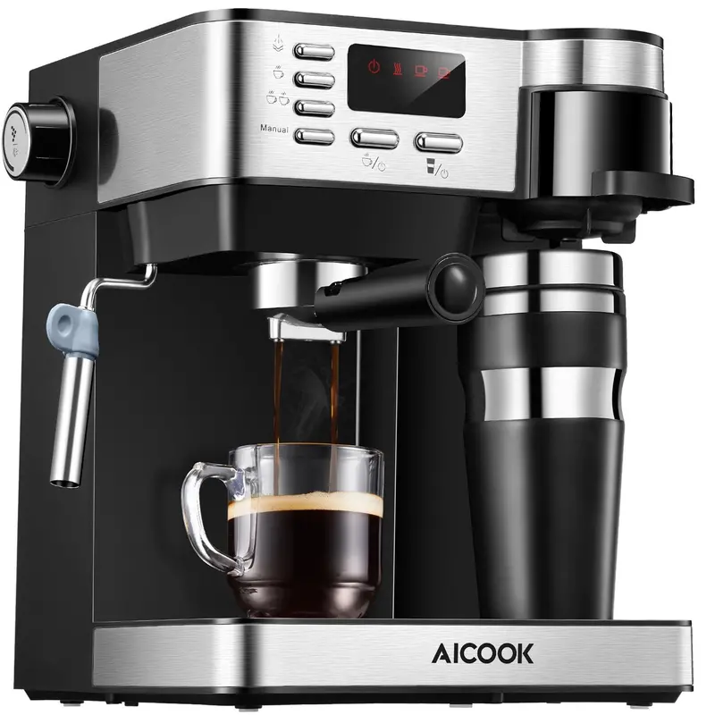 Aicook 3-In-1 Espresso & Coffee Machine: 15-Bar Pump, Built-In Milk Frother, And Single-Serve Function – Matte Black 1