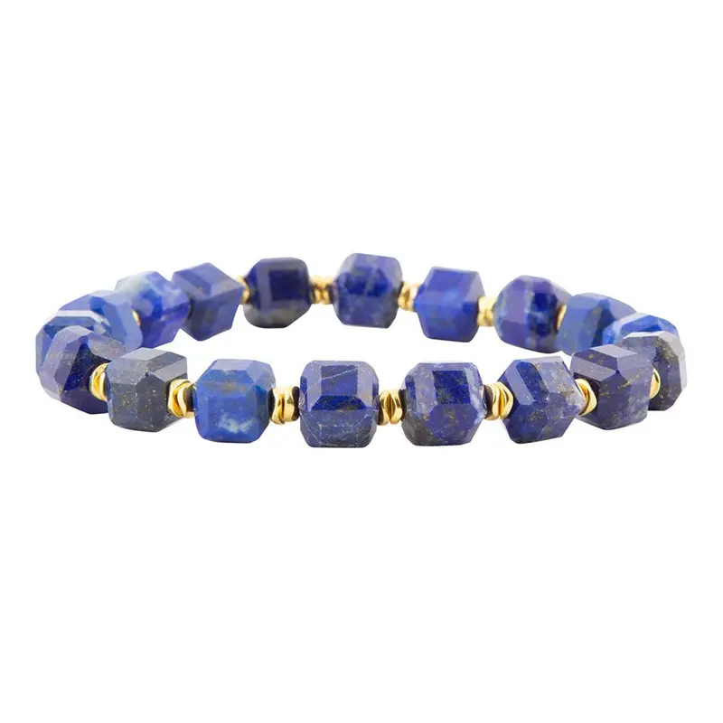 Azul Blue Cubed Lapis Lazuli Stretch Bracelet With Gold Beads 1