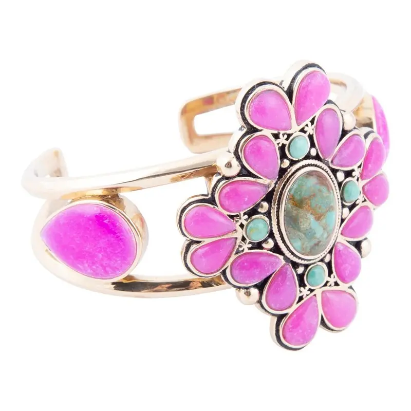 Barcelona Cuff Bracelet Featuring Pink Agate And Blue Turquoise Inlay 1