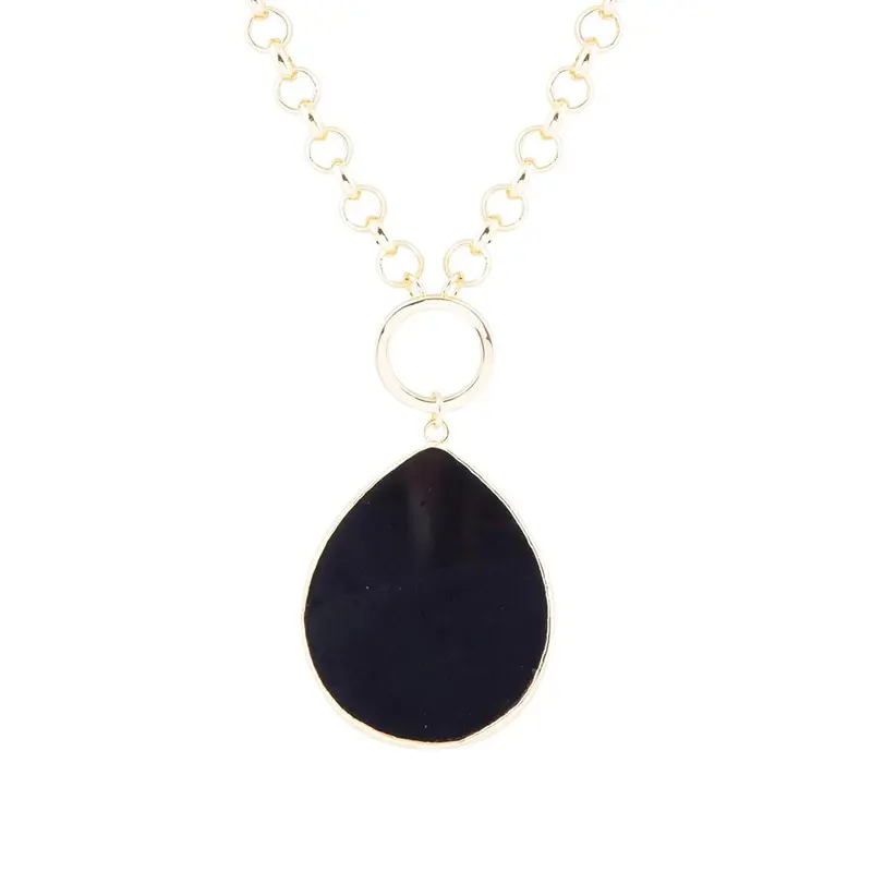 Black Onyx Teardrop Pendant Necklace On Delicate Gold Chain 1