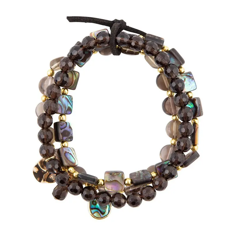 Black Smoky Quartz And Blue Abalone Stretch Bracelet Set 1