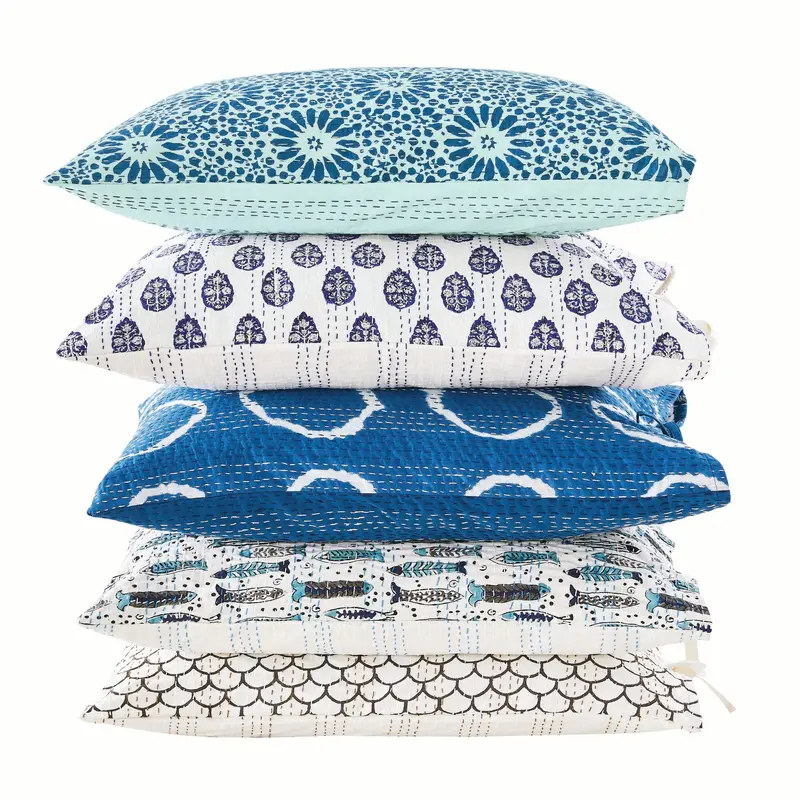 Block-Printed Kantha Pillow Sham Pair – Hand Stitched 1