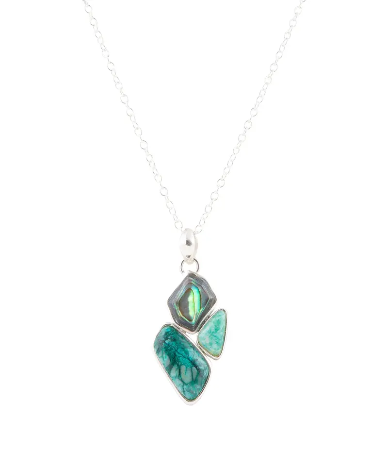 Blue Abalone Fire Cluster Pendant Necklace In Sterling Silver 1
