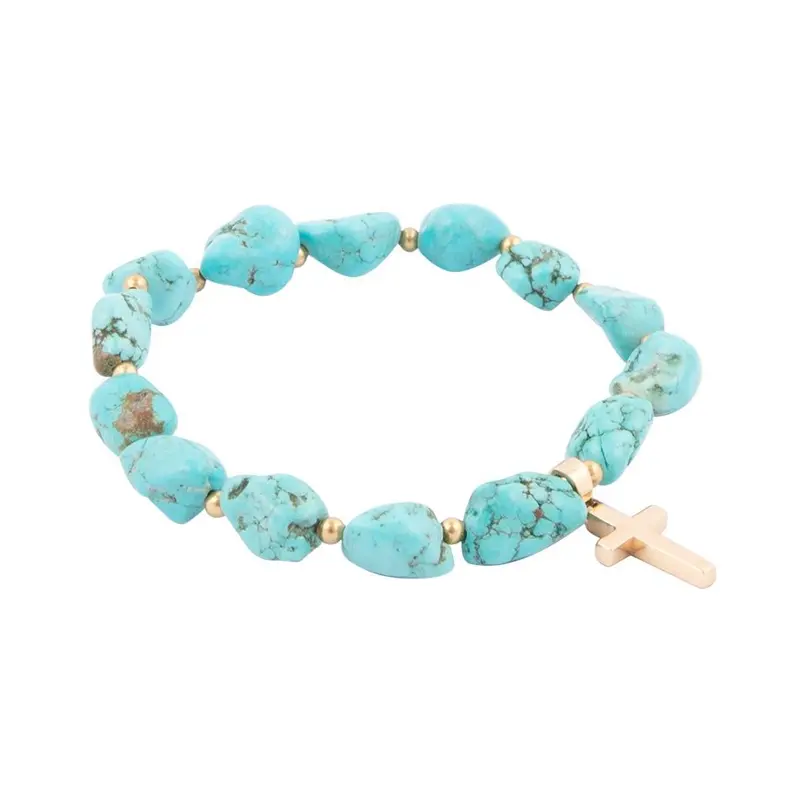 Blue Magnesite Cross Charm Bracelet With Gold Accents 1