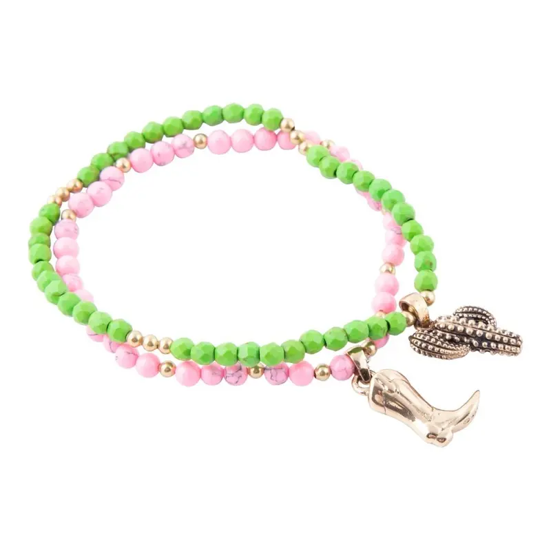 Cactus & Boot Charm Bracelet Set In Pink Jade And Green Turquoise 1