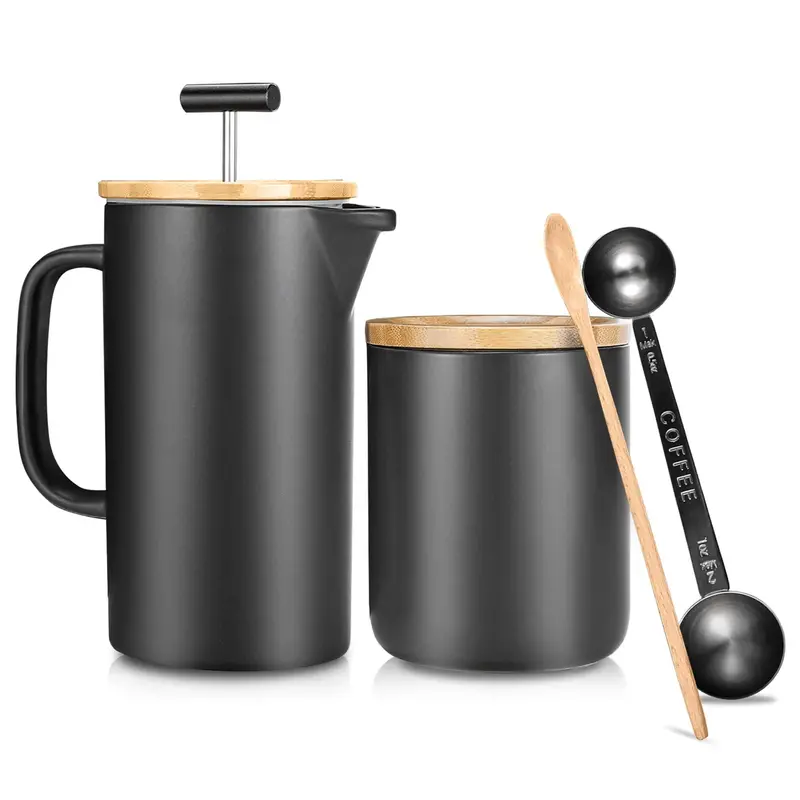 Ceramic French Press Coffee Maker – 24 Oz Stoneware Plunger With Grounds Canister & Accessories 1