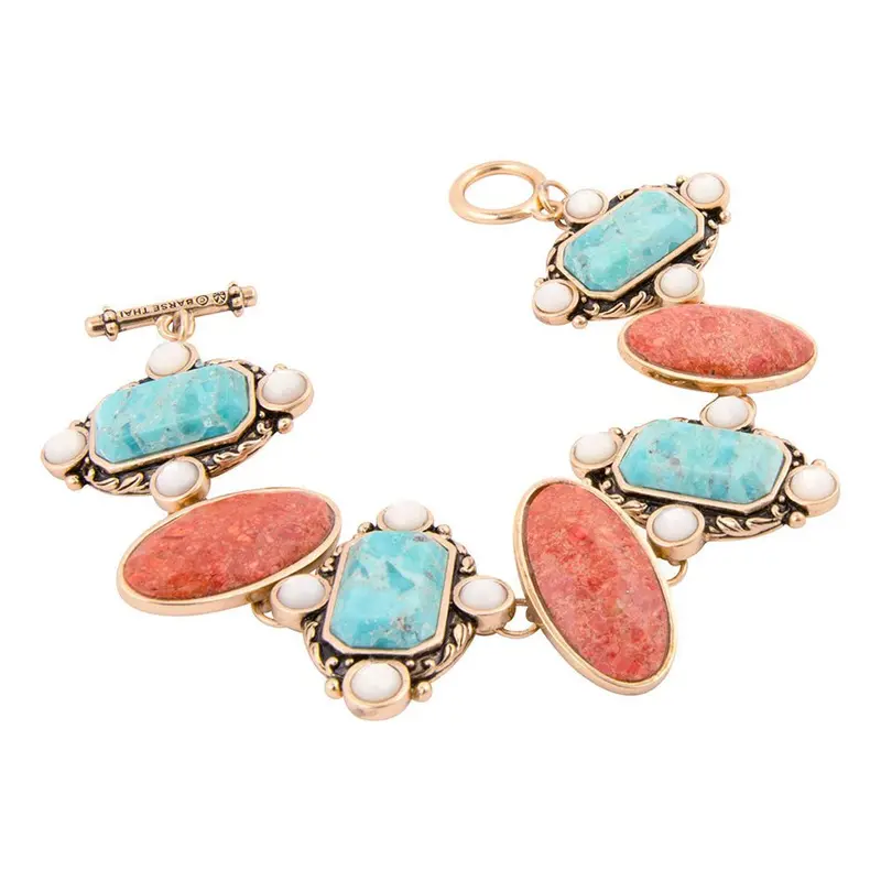 Champs-Inspired Bracelet: Blue Turquoise & Orange Coral Links In Gold Tone 1