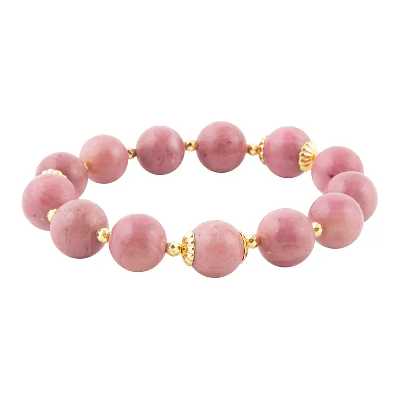 Chunky Pink Rhodonite Stretch Bracelet With Gold Accent Beads 1