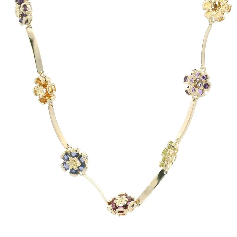 Colorful Topaz Floral Necklace In 14K Yellow Gold With Black Curved Bar Links 1