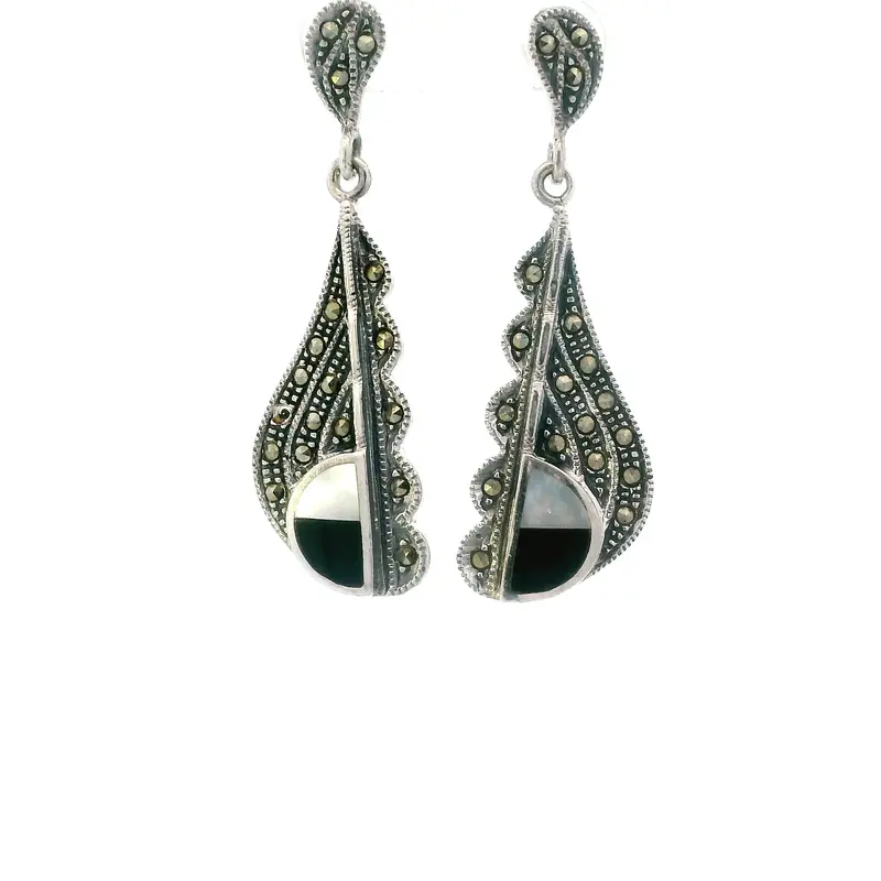 Dangle Earrings In Vintage Sterling Silver With Onyx And Mother-Of-Pearl 1