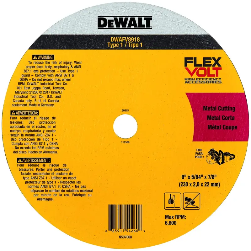 Dewalt Flexvolt® Type 1 Ceramic Metal Cut-Off Wheel – 4-1/2" 1