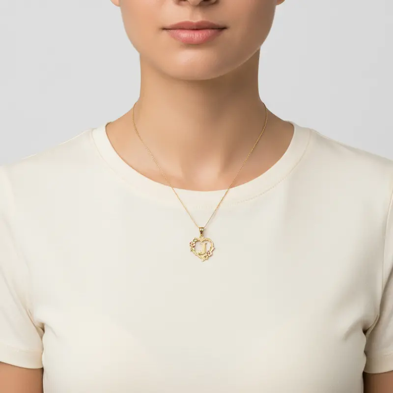 Floral Heart Pendant With Letter 'J' In 10K Yellow And Rose Gold 1
