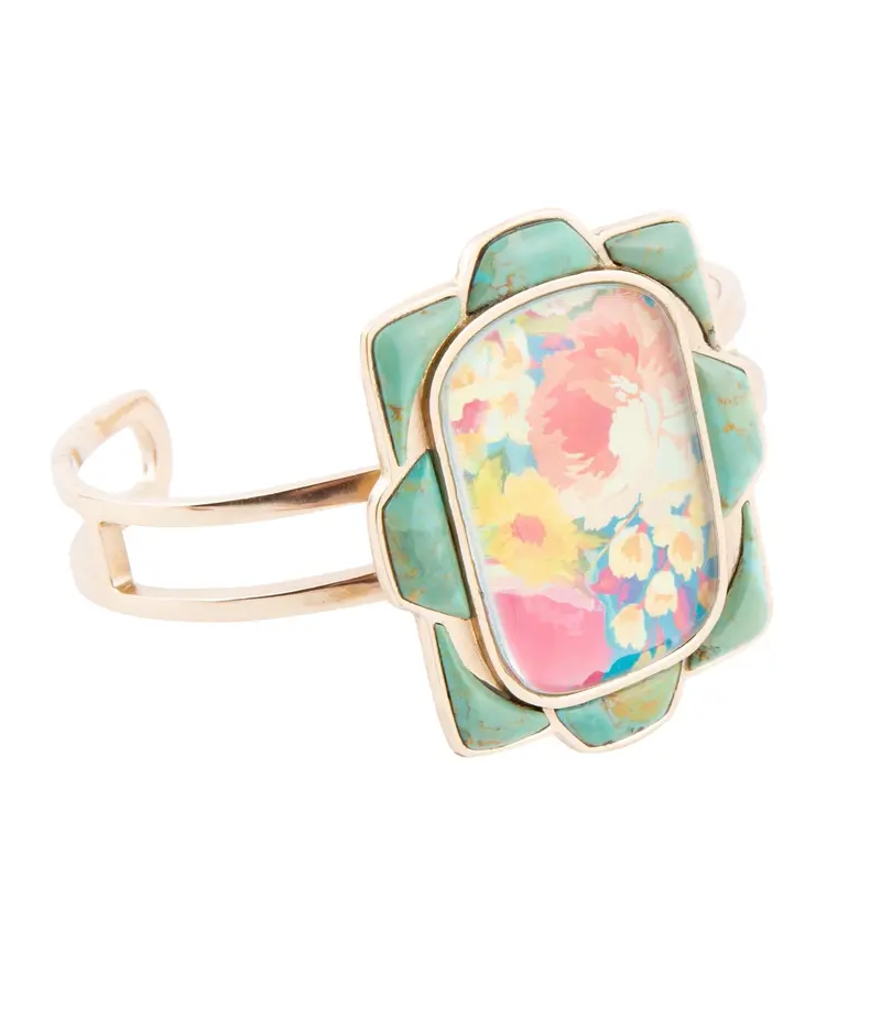 Floral-Inspired Turquoise Cuff Bracelet With Gold-Tone Detailing 1