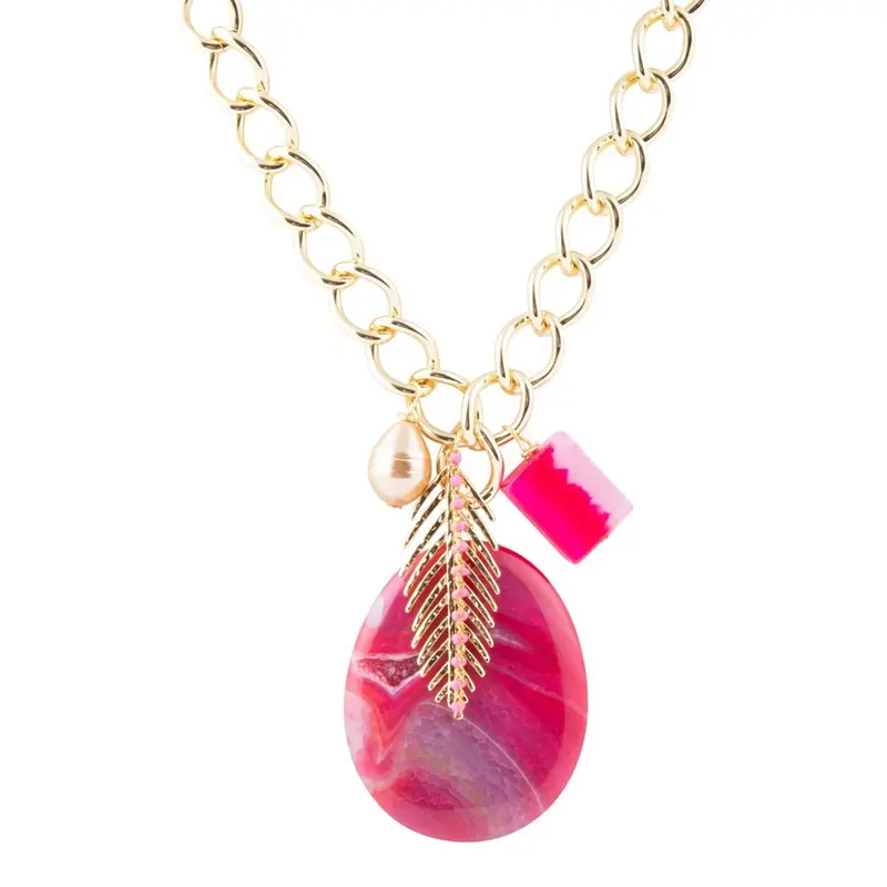 Fuchsia Agate Charm Necklace With Gold-Tone Details 1
