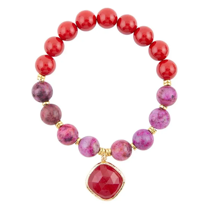 Fuchsia Agate Sunset-Themed Bracelet With Gold-Tone Accents 1