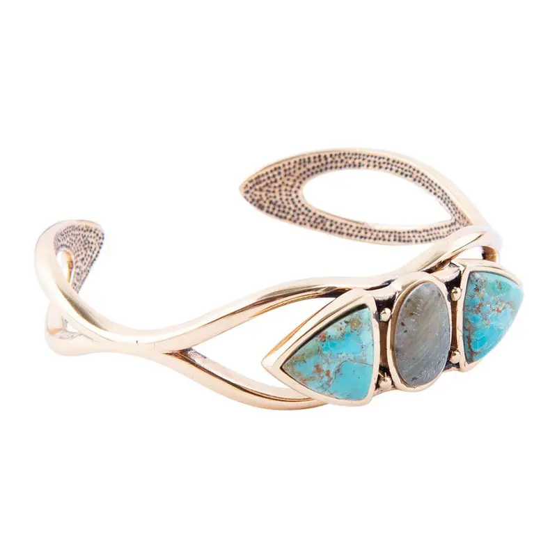 Gray Labradorite And Turquoise Dual-Tone Gold Cuff Bracelet 1
