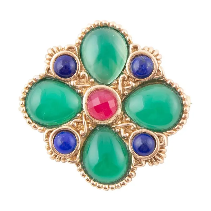 Green Onyx And Mixed-Stone Brooch In Gold-Tone Metal 1