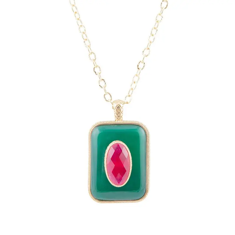Green Onyx And Red Quartz Pendant Necklace With Gold Chain 1