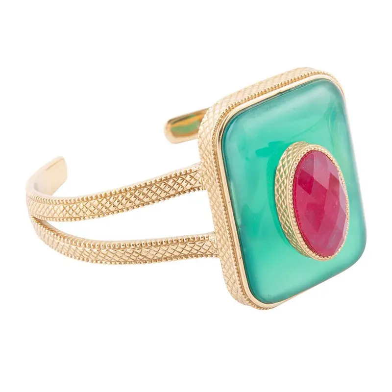 Green Onyx And Red Quartz Stacked Cuff Bracelet In Gold Tone 1