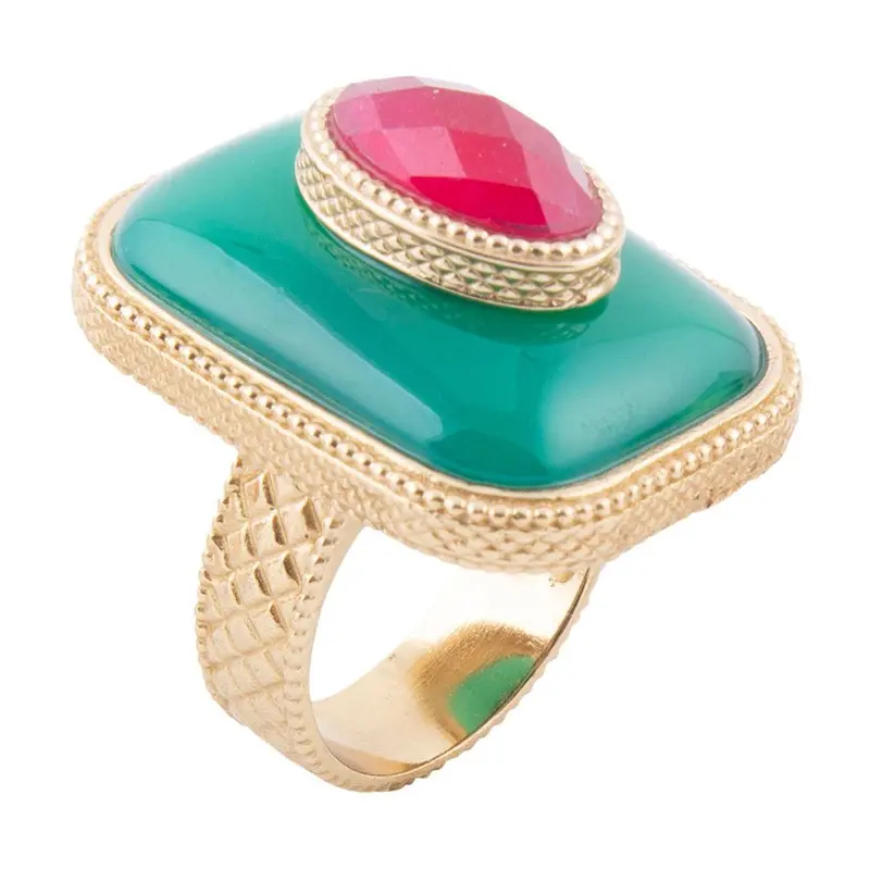 Green Onyx And Red Stone Layered Gold Ring 1