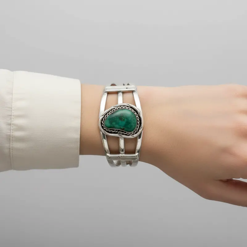 Green Turquoise Bangle Cuff Bracelet In Sterling Silver 1