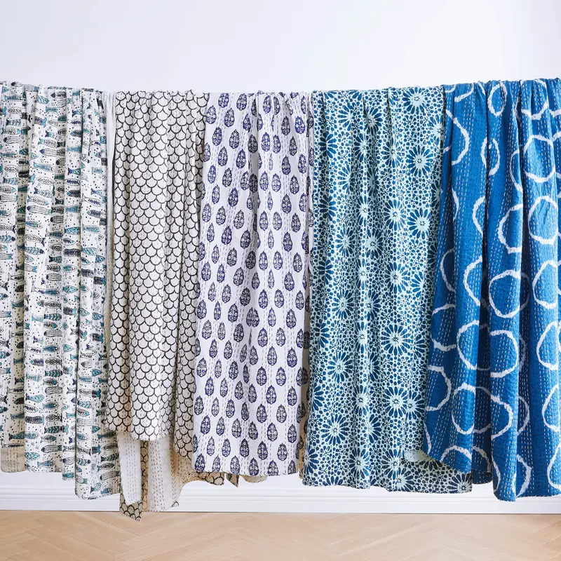 Hand-Stitched Block-Printed Kantha Throw Blanket 1